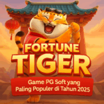 Ilustrasi harimau emas bergaya kartun berdiri di depan kuil Tiongkok dengan latar awan dan koin emas berjatuhan, menampilkan tulisan “Fortune Tiger: Game PG Soft yang Paling Populer di Tahun 2025” dalam warna emas dan merah.